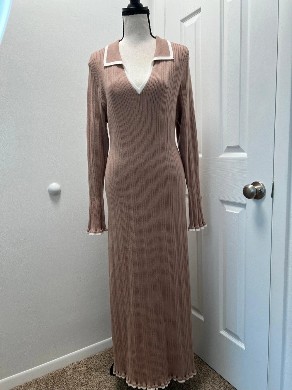 PrettyGarden Ribbed Sweater Maxi Dress XL NWT Taupe biege Contrast Trim Knit Dre - Picture 2 of 9